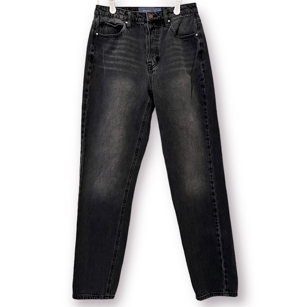 Indigo Rising High Waist Straight Leg Mom Jeans Black Button Fly Faded Skinny